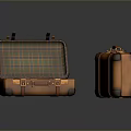 Orange Suitcases With Open Green Plaid Interior And Closed Brown Handles Black Corners