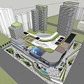 Modern Commercial Complex With Glass Curtain Wall High Rise Buildings And Crowded Plaza Greenery