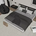 Modern Double Bed Interior With Dark Bedspread Pillows Rug And Polka Dot Chair