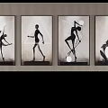 Abstract Figurative Paintings With Black Silhouette Figures And Geometric Shapes On Gray White Background