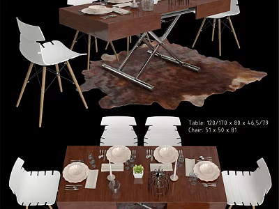 Wooden Dining Table and White Chairs Set with Cowhide Rug and Tableware Setup 3d model
