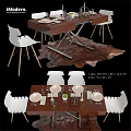 Wooden Dining Table and White Chairs Set with Cowhide Rug and Tableware Setup