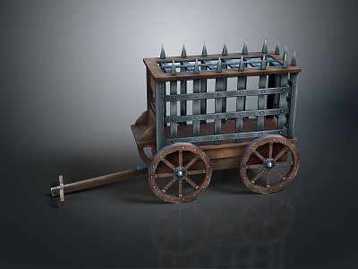 Medieval War Cart With Spiked Top Wooden Wheels And Metal Frame 3d model