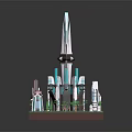 Futuristic Architecture Model Featuring Tall Tower With Blue White Design And Green Surroundings