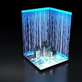 Modern Waterfall Display With Blue Lighting And Decorative Glass Bottles
