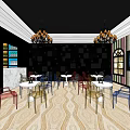 Elegant Bar Interior Featuring Chandeliers Blue Sofas Bar Counter Patterned Carpet And Grid Ceiling 3d model