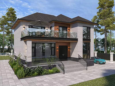 Modern Two Story Detached House With Dark Roof Wooden Siding Front Garden And Glass Balcony 3d model