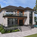 Modern Two Story Detached House With Dark Roof Wooden Siding Front Garden And Glass Balcony