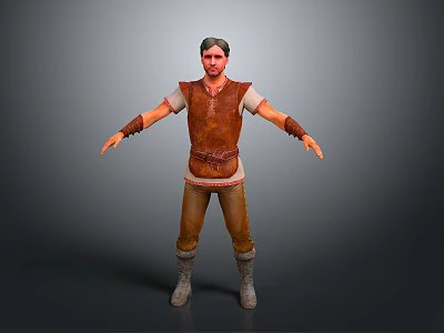 Male Character With Brown Leather Vest Beige Sleeves Brown Pants Gray Boots And Arms Outstretched Standing 3d model