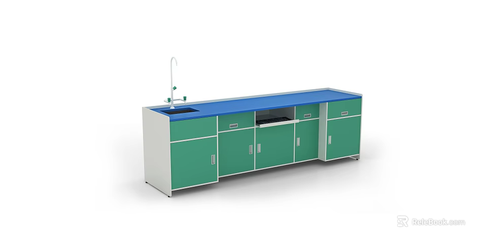 Practical Functional Table With Green Cabinet Doors Blue Countertop Faucet And Sink 3d model 