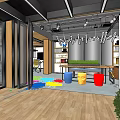 Modern Open Public Office Space Featuring Colorful Chairs Computers Desks Hanging Lights And Windows