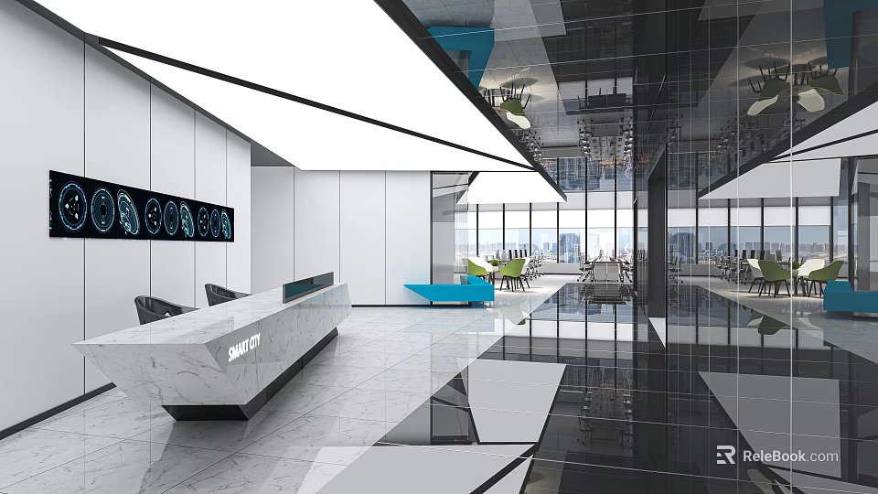Modern Reception Lobby Interior With Sleek Marble Front Desk And Large Windows 3d model 
