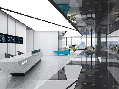 Modern Reception Lobby Interior With Sleek Marble Front Desk And Large Windows 3d model