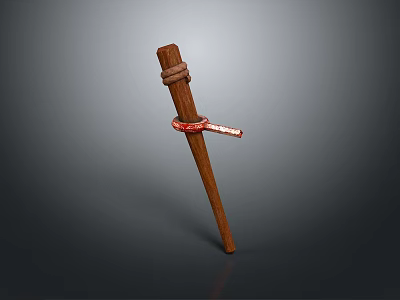 Brown Wooden Stick With Red Strap Tied Around Middle Section 3d model