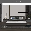 Modern Bedroom Interior With Large Bed Nightstands Pendant Lights Rug Desk Chair And Curtains