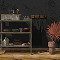 Rustic Dinnerware Collection Displayed on Wooden Shelf with Gray Wall and Terracotta Plant Pot