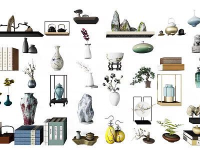Stylish Decorative Ornaments Set With Vases Tea Sets Green Plants And Stone Decorations 3d model