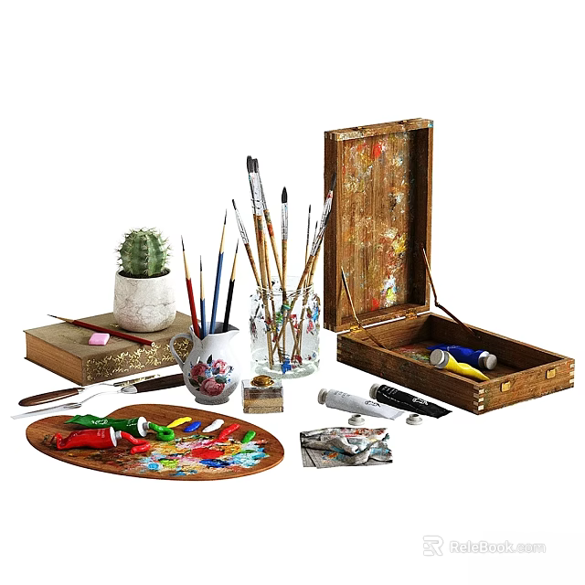 Vintage Art Supplies Decorative Ornament Set With Paintbrushes Paints Palette Cactus And Wooden Box 3d model 
