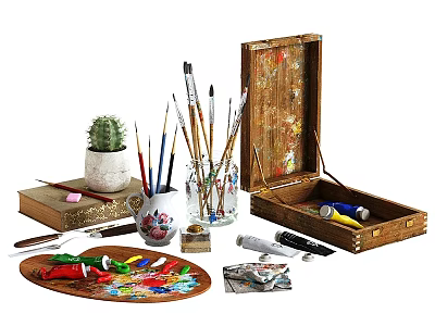Vintage Art Supplies Decorative Ornament Set With Paintbrushes Paints Palette Cactus And Wooden Box 3d model