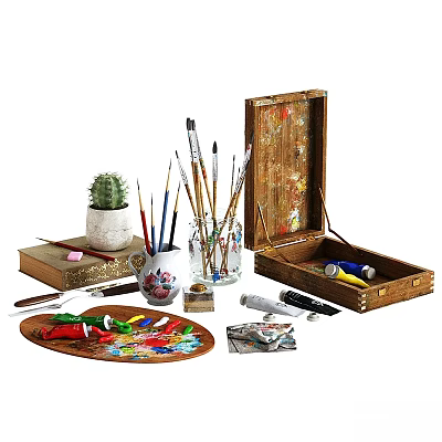 Vintage Art Supplies Decorative Ornament Set With Paintbrushes Paints Palette Cactus And Wooden Box 3d model