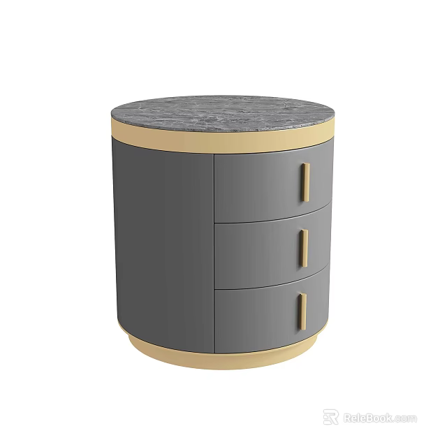 Round Gray Bedside Table With Marble Top And Three Gold Handle Drawers 3d model 