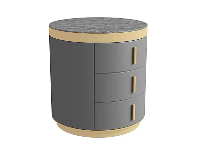 Round Gray Bedside Table With Marble Top And Three Gold Handle Drawers 3d model