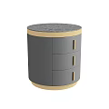 Round Gray Bedside Table With Marble Top And Three Gold Handle Drawers