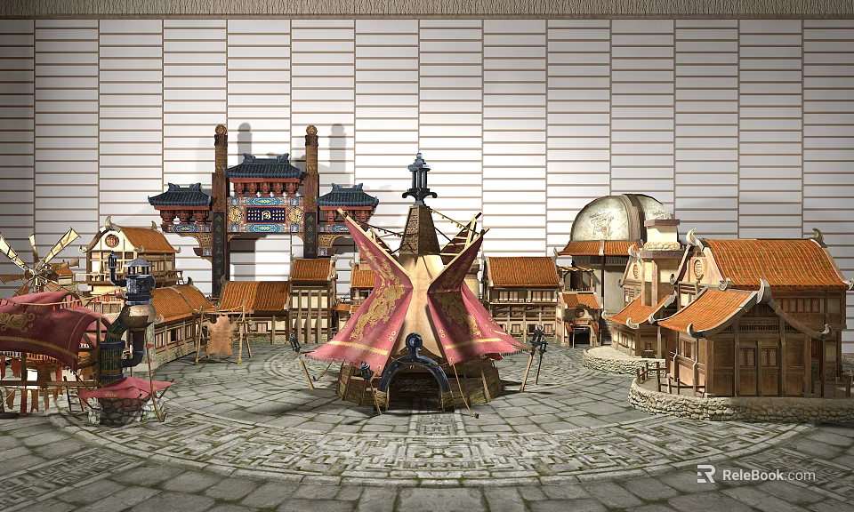 Cartoon Scene With Traditional Buildings Colorful Tent Stone Plaza And Tiled Rooftops 3d model 