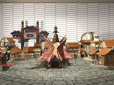 Cartoon Scene With Traditional Buildings Colorful Tent Stone Plaza And Tiled Rooftops 3d model