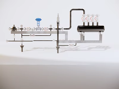 Detailed Industrial Equipment System With Pipes Valves Pressure Gauges Blue Component And Black Tank 3d model