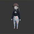 3D Girl Character with Brown Ponytail Blue Eyes Black Top and Colorful Pants