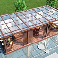 Outdoor Wooden Pavilion With Glass Roof And Water Feature Surrounded By Green Plants