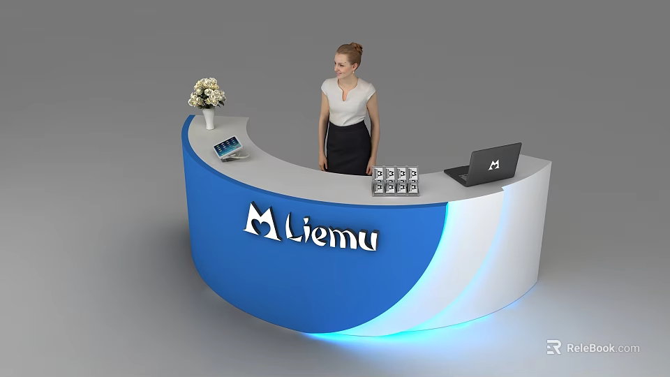 Modern Blue And White Reception Desk With Liemu Logo Staff Laptop Tablet And Flower Vase 3d model 
