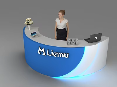Modern Blue And White Reception Desk With Liemu Logo Staff Laptop Tablet And Flower Vase 3d model