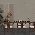 Traditional Chinese Tea Room Interior With Long Wooden Table Hanging Lantern Screen And Tea Sets