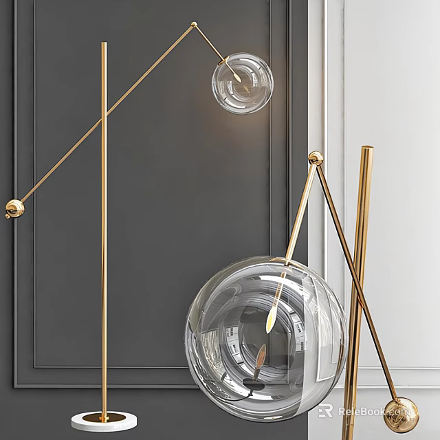 Modern Floor Lamp With Golden Metal Stand And Transparent Glass Globe Shade In Living Space 3d model 