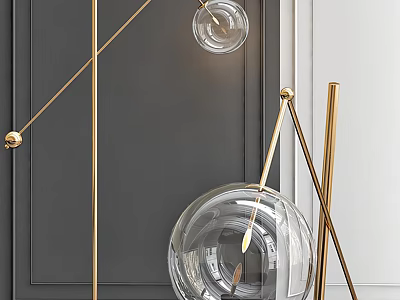 Modern Floor Lamp With Golden Metal Stand And Transparent Glass Globe Shade In Living Space 3d model