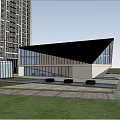 Elegant Modern Sales Office Building With Glass Curtain Wall Water Pool High Rise Night Background