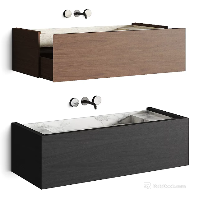 Modern Wall Mounted Washbasin With Dark Brown Black Wooden Cabinet And Marble Countertop 3d model 