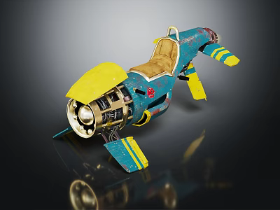 Futuristic Blue And Yellow Vehicle With Brown Leather Seat Mechanical Details And Stripe Accents 3d model