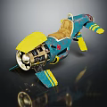 Futuristic Blue And Yellow Vehicle With Brown Leather Seat Mechanical Details And Stripe Accents