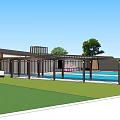 Modern Architectural Design With Courtyard Open Space Swimming Pool And Glass Elements 3d model