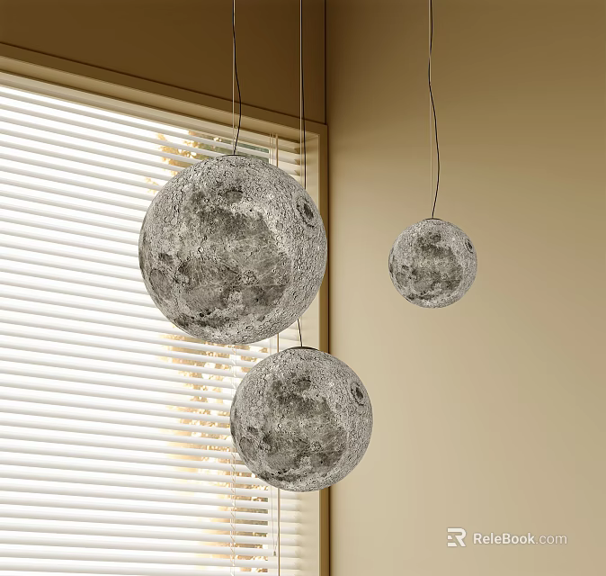 Three Moon Surface Texture Pendant Lights Hanging By Window With Venetian Blinds 3d model 
