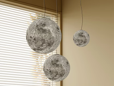 Three Moon Surface Texture Pendant Lights Hanging By Window With Venetian Blinds 3d model