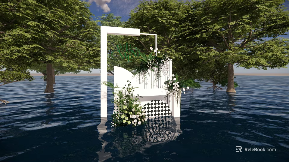 White Decorative Structure With Green Plants And Flowers On Water Surrounded By Trees 3d model 
