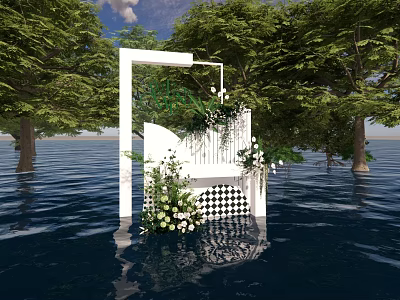 White Decorative Structure With Green Plants And Flowers On Water Surrounded By Trees 3d model