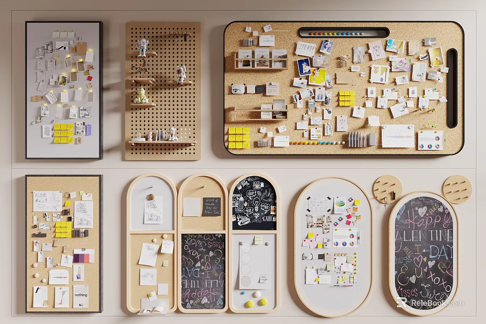 Multiple Design Wall Decorations with Pegboards Divided Sections and Small Cards Notes 3d model 