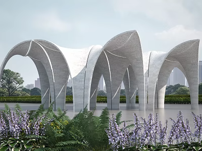 White Arched Structures In Outdoor Area With Green Plants Purple Flowers And City Background 3d model