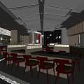 Modern Hotpot Restaurant Interior With Black Tables Chairs And Decorative Ceiling Design