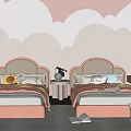 Cozy Kids Room With Pink And White Cloud Murals Two Beds Desk Chair And Storage